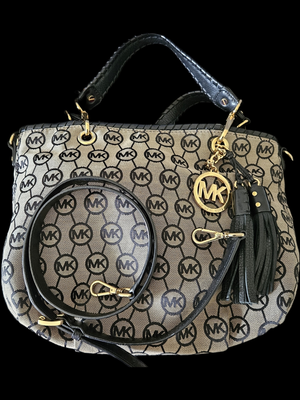 Michael Kors Beige MK Logo Shoulder Bag with Black Trim and Gold Accents